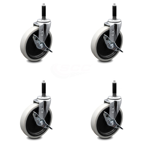 5 Inch Thermoplastic Wheel 3/5 Inch Expanding Stem Caster with Brakes, 4PK